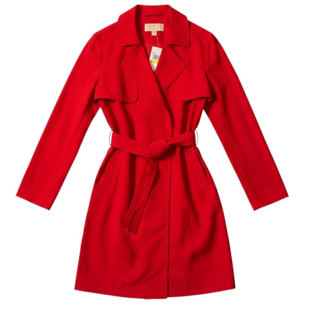 Michael Kors Red Belted Trench Rain Business Coat Womens Medium NWT $195 Scarlet